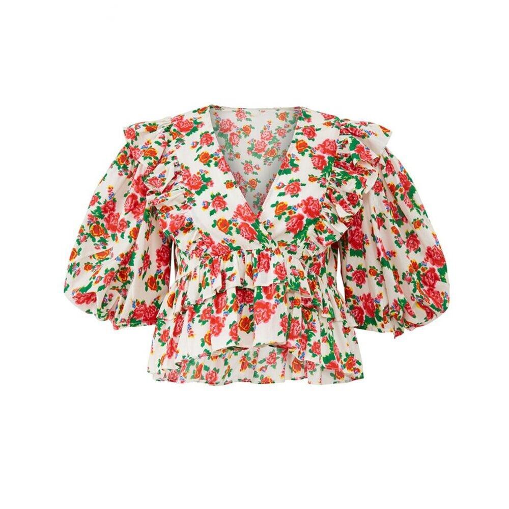 RHODE Elodie Top Floral Ruffle Cotton Cropped Blouse Puff Sleeve Tuckernuck - Picture 2 of 8